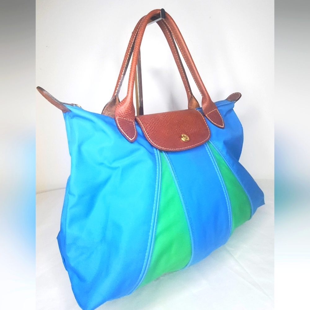 LONGCHAMP Stylish "Le Pliage"Small Expandable Top Handle Blue and Green Tote Bag - Picture 4 of 16
